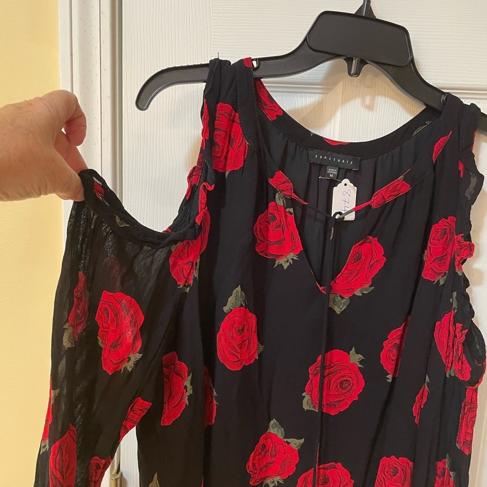 Sanctuary Rose Print Cold Shoulder Blouse M Black Red Sheer Romantic